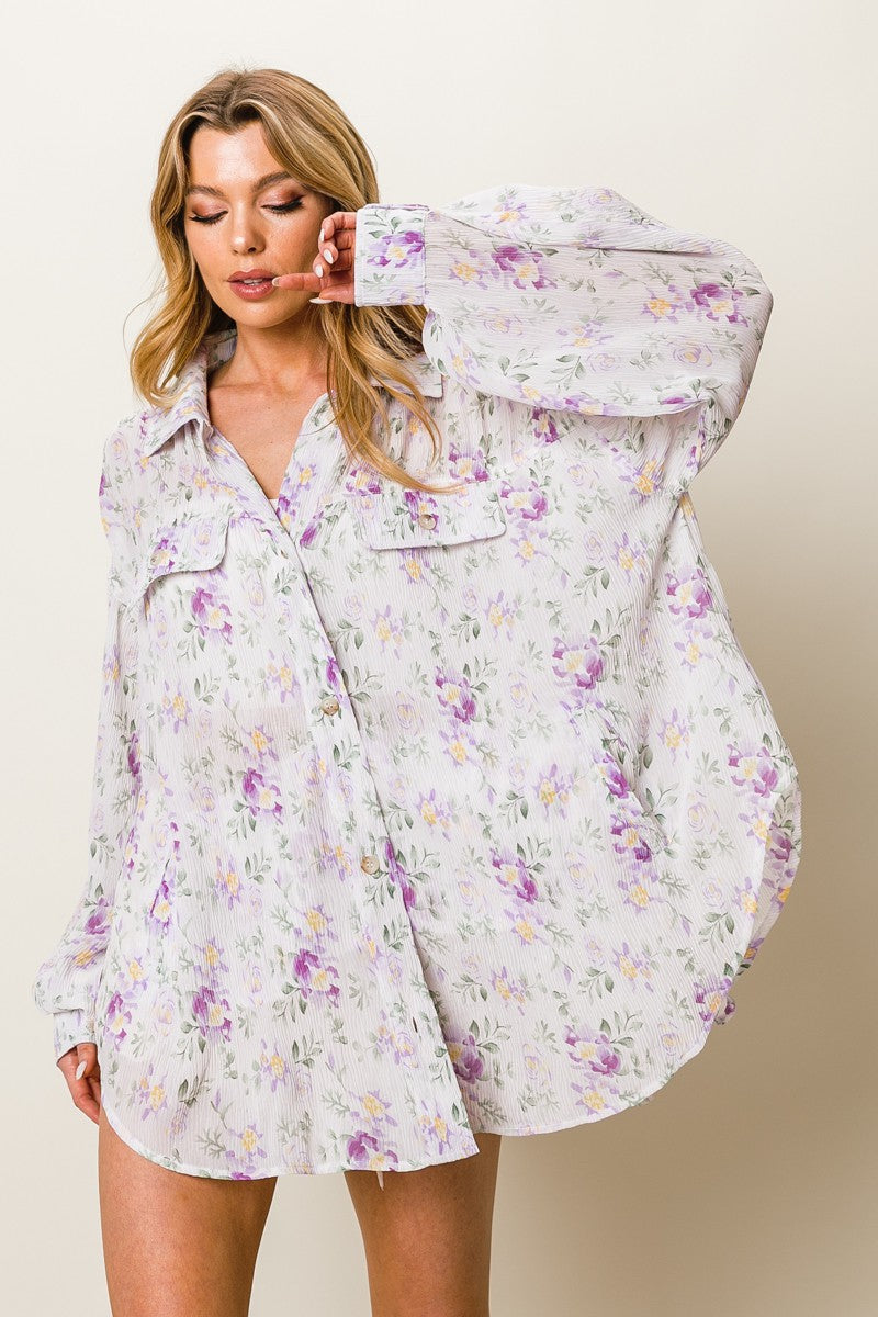 Floral Pattern Wrinkle Sheer Oversized Shacket