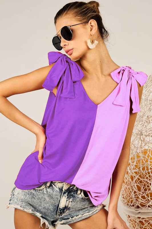 Rayon Spandex Color Block W/Shoulder Ribbon Tied Top