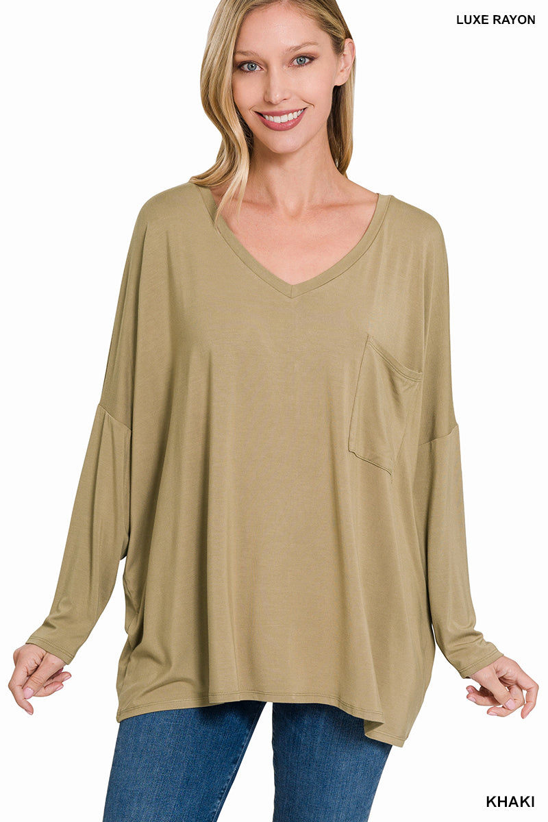 Luxe Rayon Oversized V-Neck Front Pocket Top