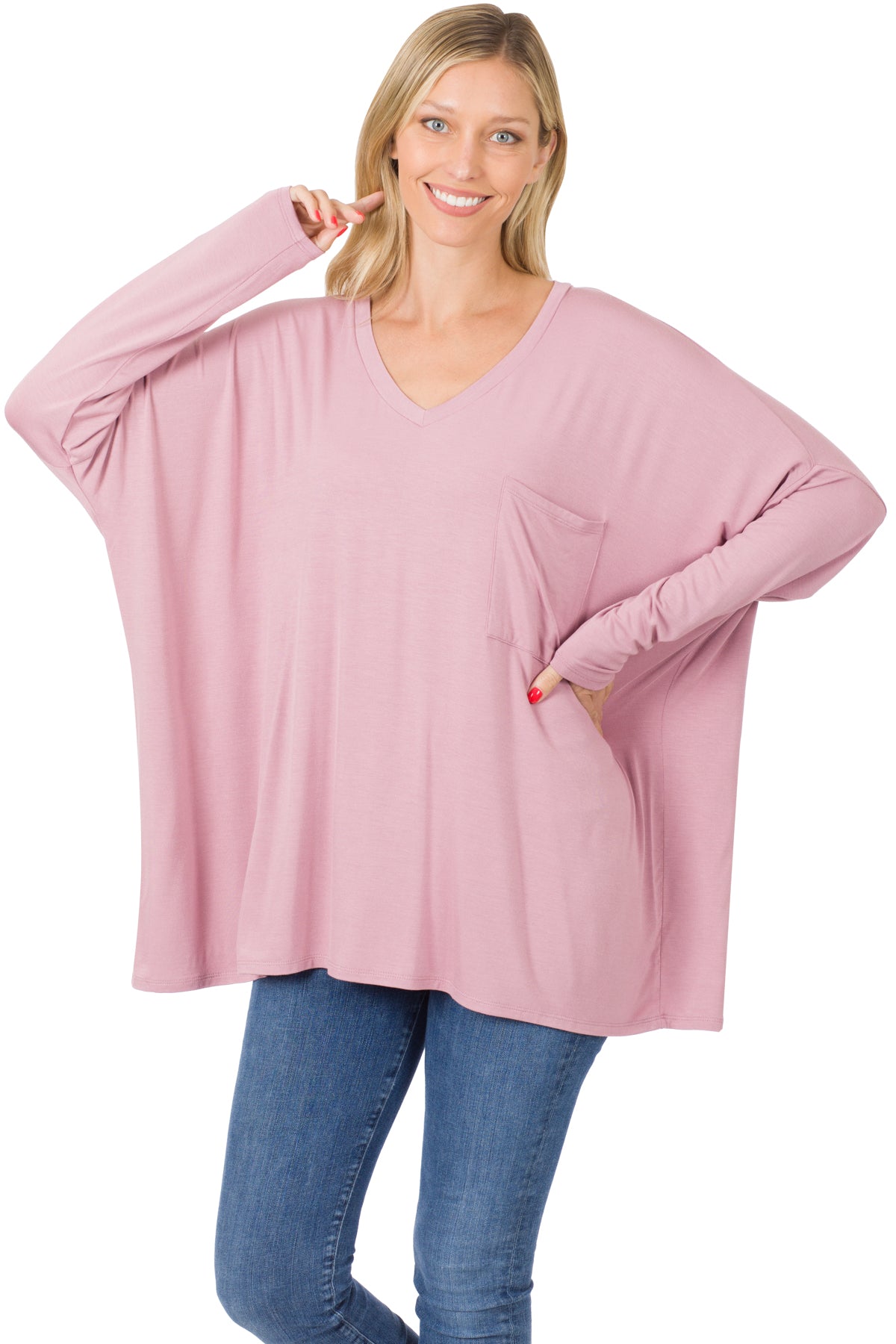 Luxe Rayon Oversized V-Neck Front Pocket Top