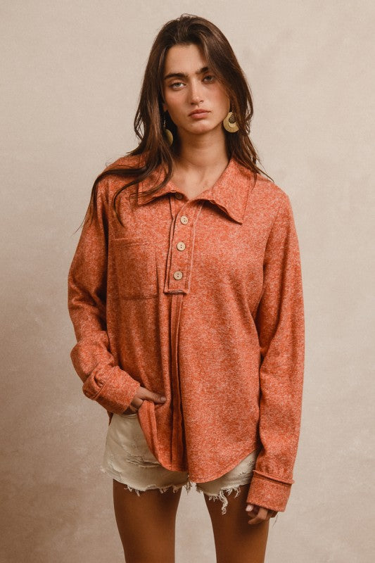 Brushed Hacci Buttoned Collared Top