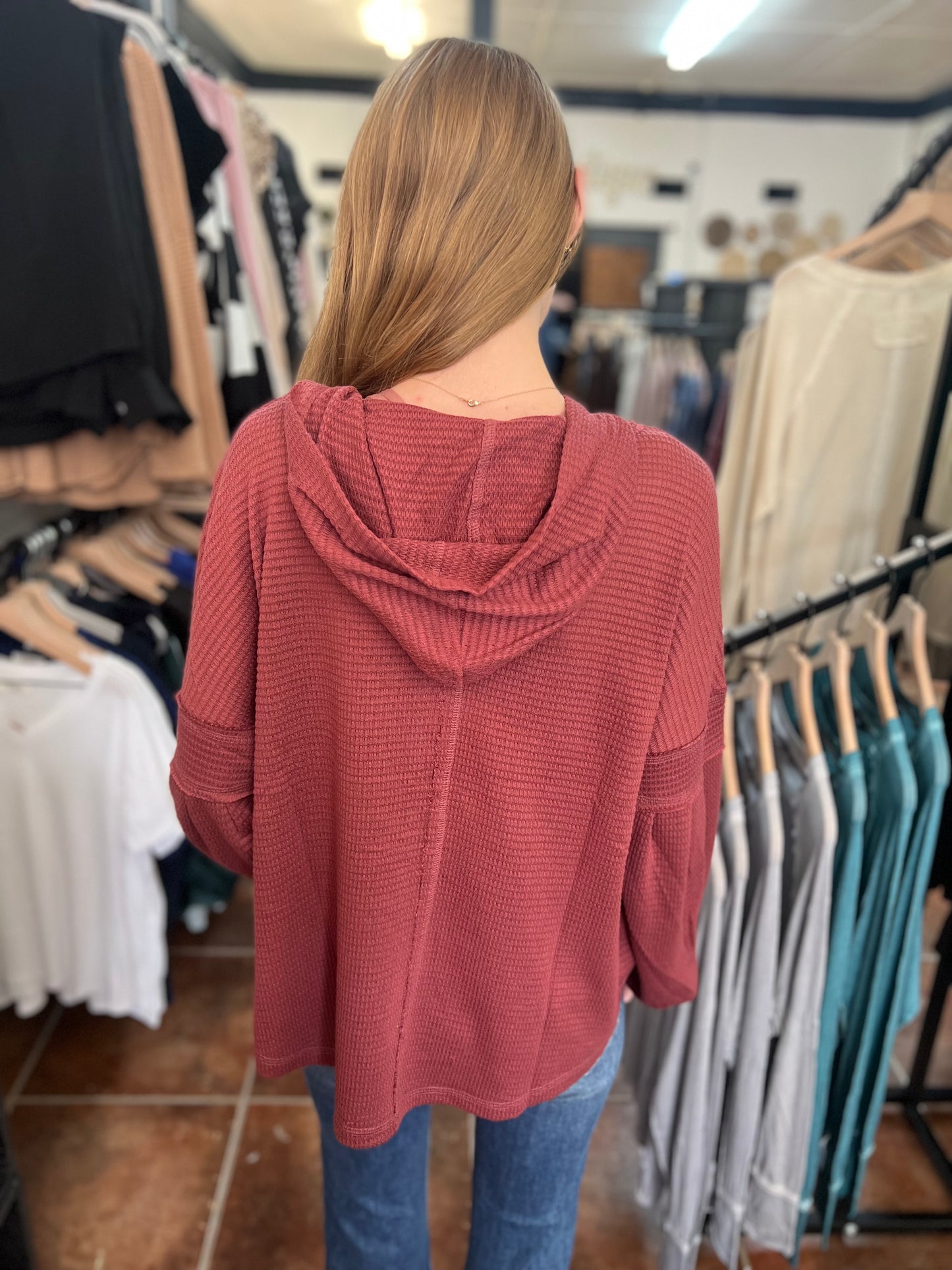 Raw Edge Detail Hooded Knit Henley Top