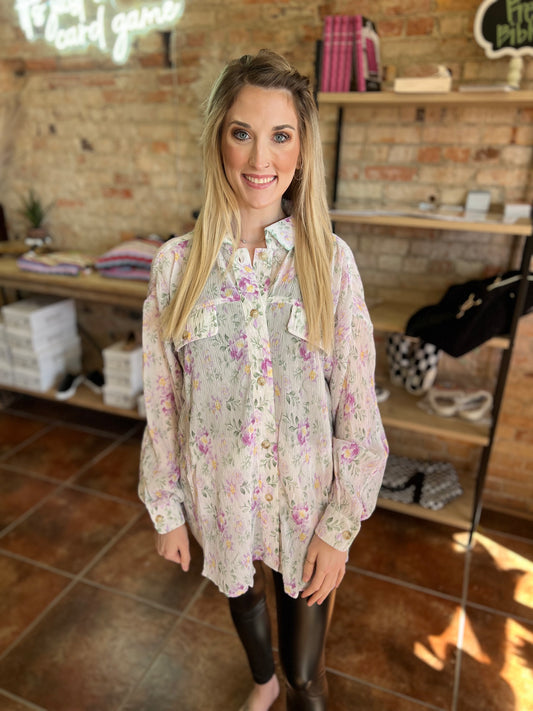 Floral Pattern Wrinkle Sheer Oversized Shacket
