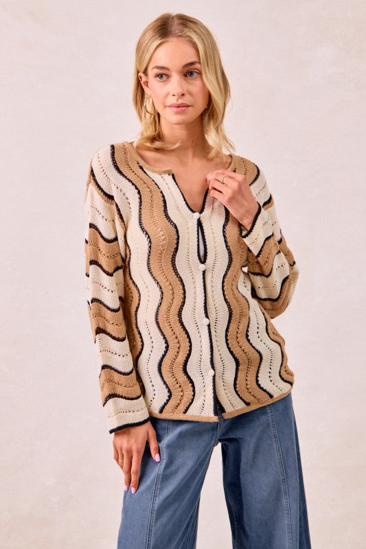 Pointelle Wavy Striped Knit Sweater Top W Button