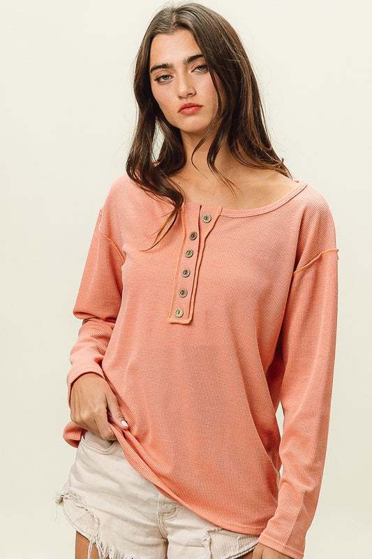 Thermal Stitching Button Detail Round Neck Top