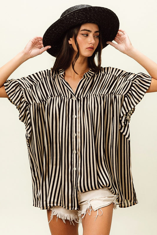 Silky Striped Loose Fit Detail. Blouse