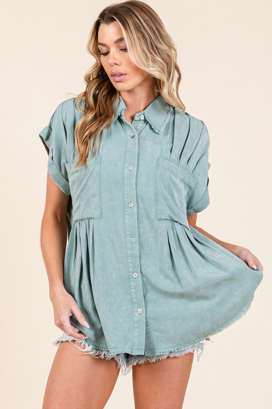 Mineral Washed Pleated Button Down Top